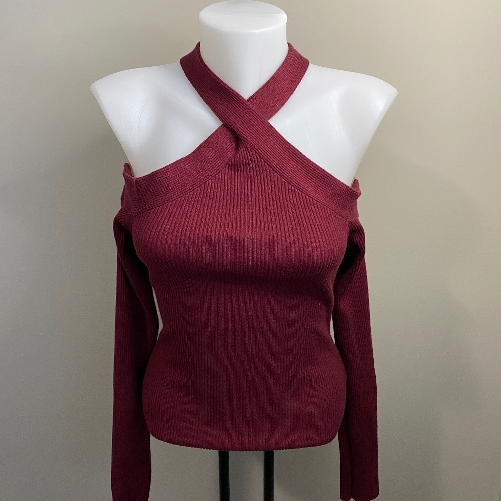 Guess Long‎ Sleeve Women's Crossover Open Shoulder Burgundy Sweater Size Large